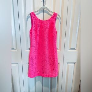 Lilly Pulitzer Bright Pink Shift Dress Crochet Sleeveless Open Back Stretch sz S